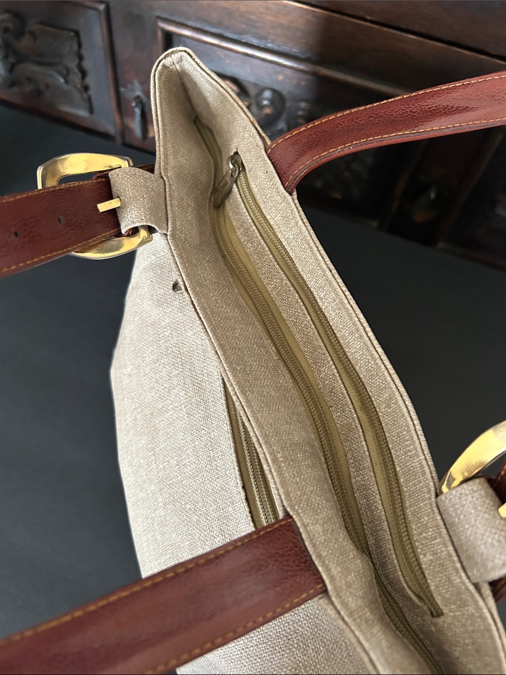 Beautiful Beige Canvas Tote with Brown Leather Straps - Picture 8 of 13